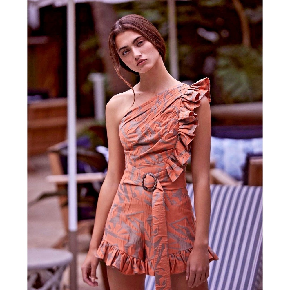 Alexis Size Small Sydell One Shoulder Abstract‎ Ruffle Romper Amber
